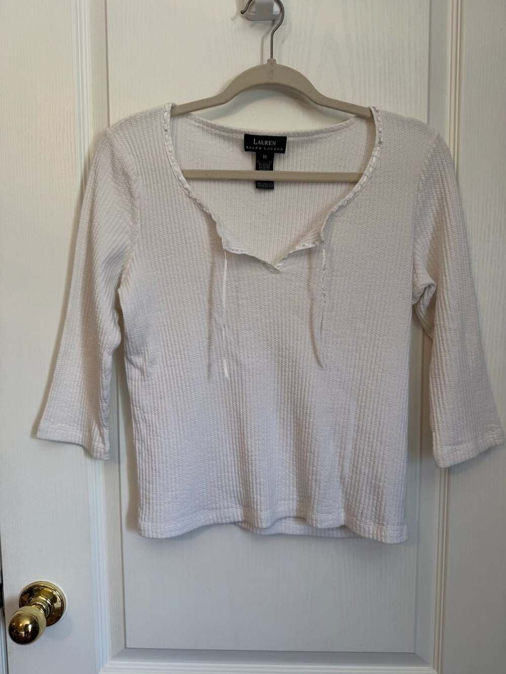 Lauren Ralph Lauren Thermal Waffle Knit Top Size M White Lace-Up Henley